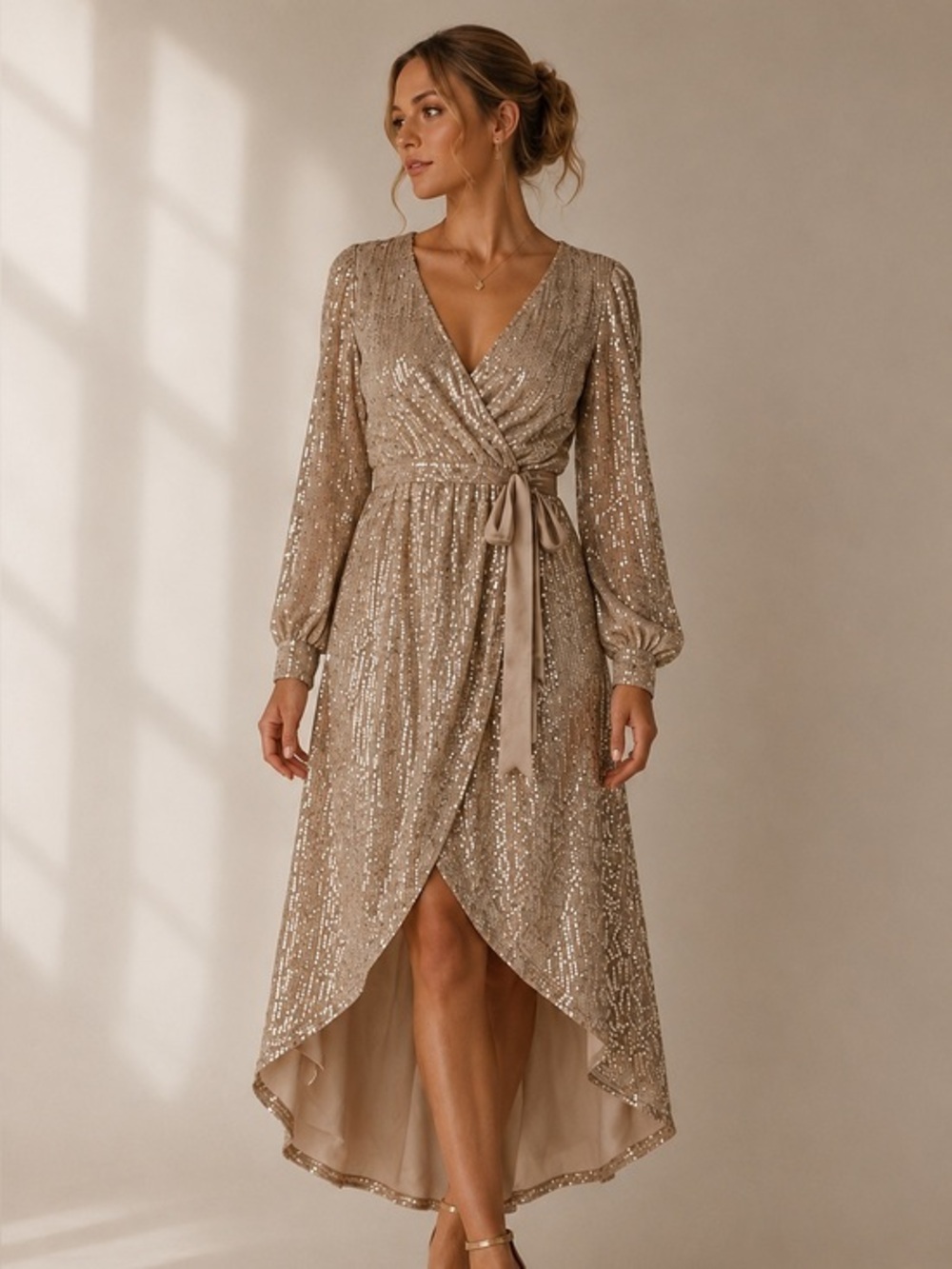 Lauren Conrad Champagne Gold XS Dress Sequin High Low Wrap Wedding Guest Formal